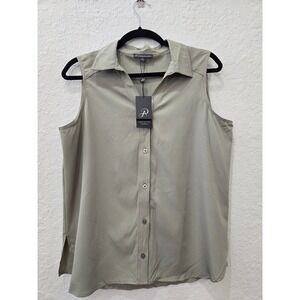 Adrianna Papell Sleeveless Collared Button Front Top Women's M Khaki